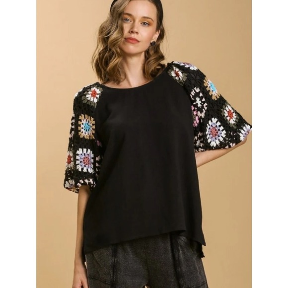 Umgee Tops - Umgee Granny Square Crochet Sleeve Top 1XL Black Boho Grandmacore